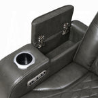 Acme LV06230-31  2 pc Taddeo dark grey faux leather sofa and love seat set power motion recliner ends and power headrests drop down table