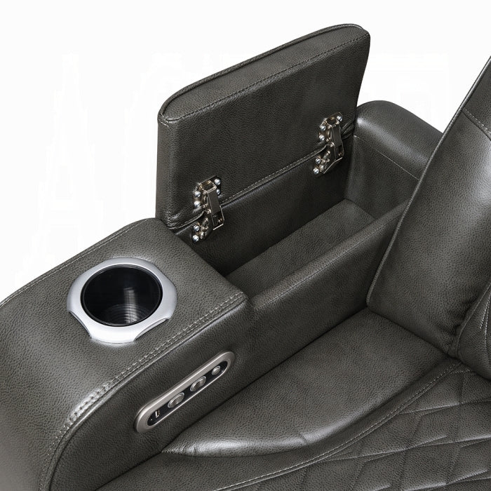 Acme LV06230-31  2 pc Taddeo dark grey faux leather sofa and love seat set power motion recliner ends and power headrests drop down table