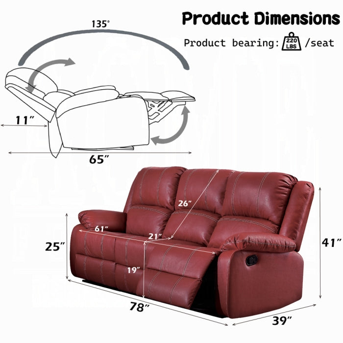 Acme LV52150-51 2 pc Zuriel red leather gel sofa and love seat set with recliner ends