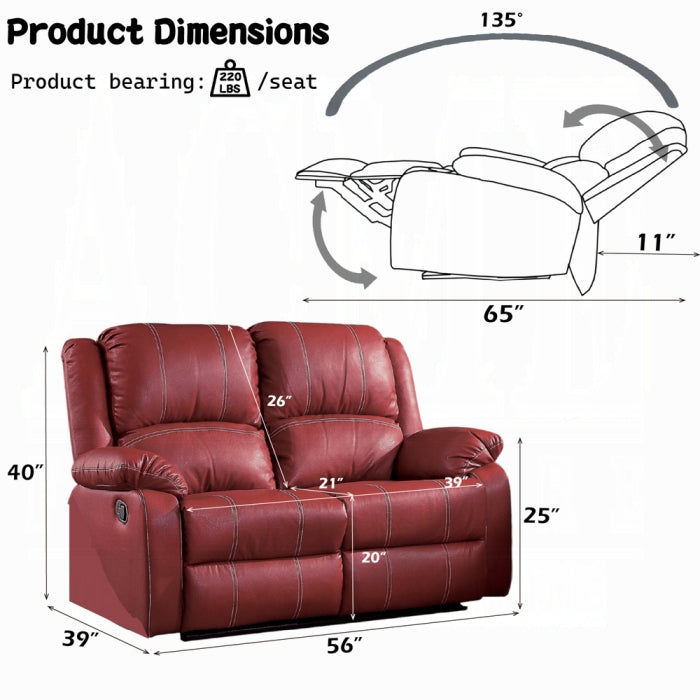 Acme LV52150-51 2 pc Zuriel red leather gel sofa and love seat set with recliner ends
