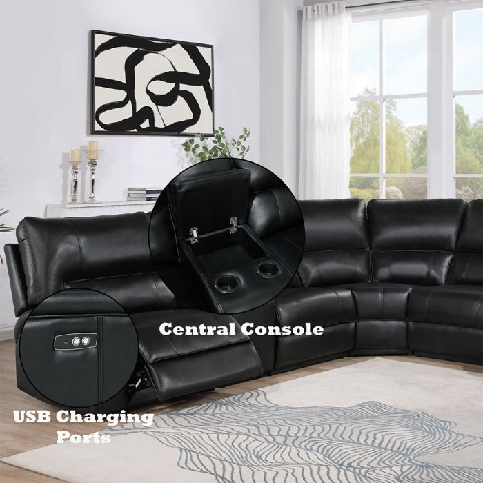 Acme LV54150 6 pc Saul euro black leather-aire sectional sofa with power recliners USB ports