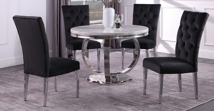 Best master LX02-5PC-BK 5 pc Wila arlo interiors belen white high gloss faux marble top finish and chrome modern round dining table set black chairs