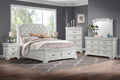 00-493W-4PC 4 pc Lyndhurst vintage white finish wood country sleigh fabric upholstered headboard style queen bed set footboard drawers