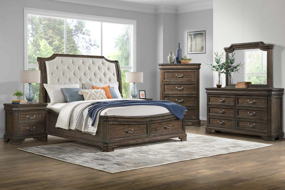 00-493B-4PC 4 pc Lyndhurst walnut finish wood country sleigh fabric upholstered headboard style queen bed set footboard drawers