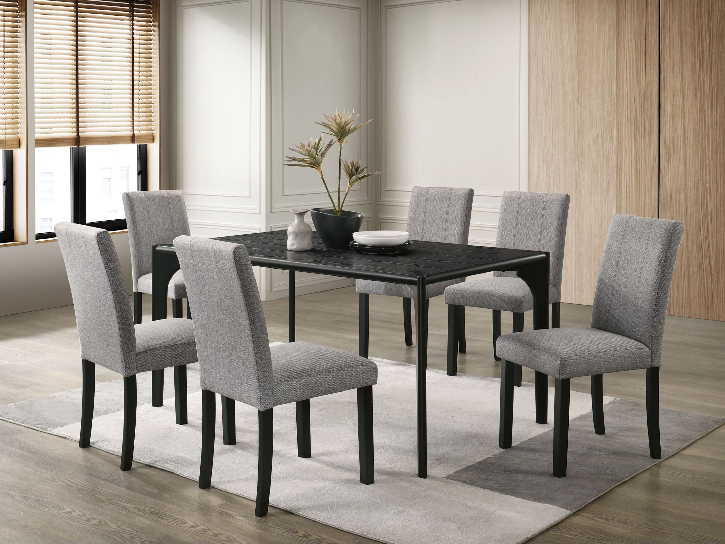 Amelio 7-Piece Dining Table Set – Black Wood & Grey Upholstered Chairs | Furniture of America