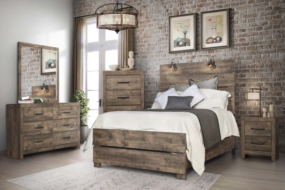 00-6303-4PC 4 pc Misty lodge rustic reclaimed brown finish wood queen bed set lighted headboard accents