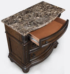 B1610 4 pc Stanley rich brown finish wood fabric tufted upholstered headboard sleigh style bedroom set with marble tops