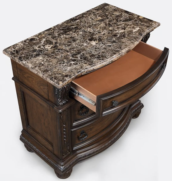 B1610 4 pc Stanley rich brown finish wood fabric tufted upholstered headboard sleigh style bedroom set with marble tops