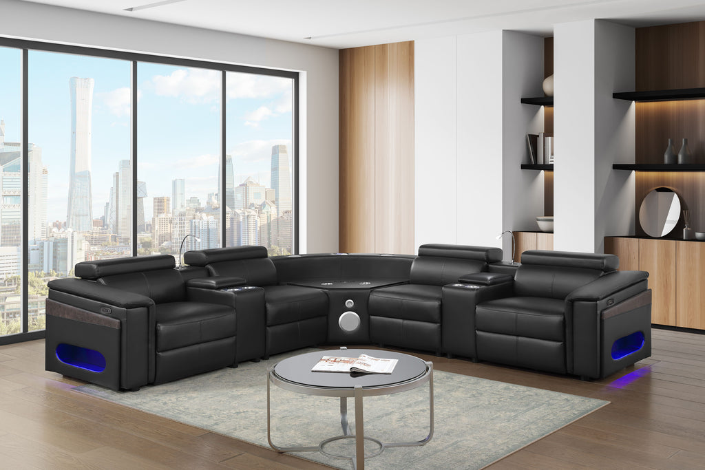 Nova Black Faux Leather 7-Piece Power Motion Sectional Sofa with Pop-Up Bar, Refrigerator, Bluetooth & LED – Nova-Black-SECT