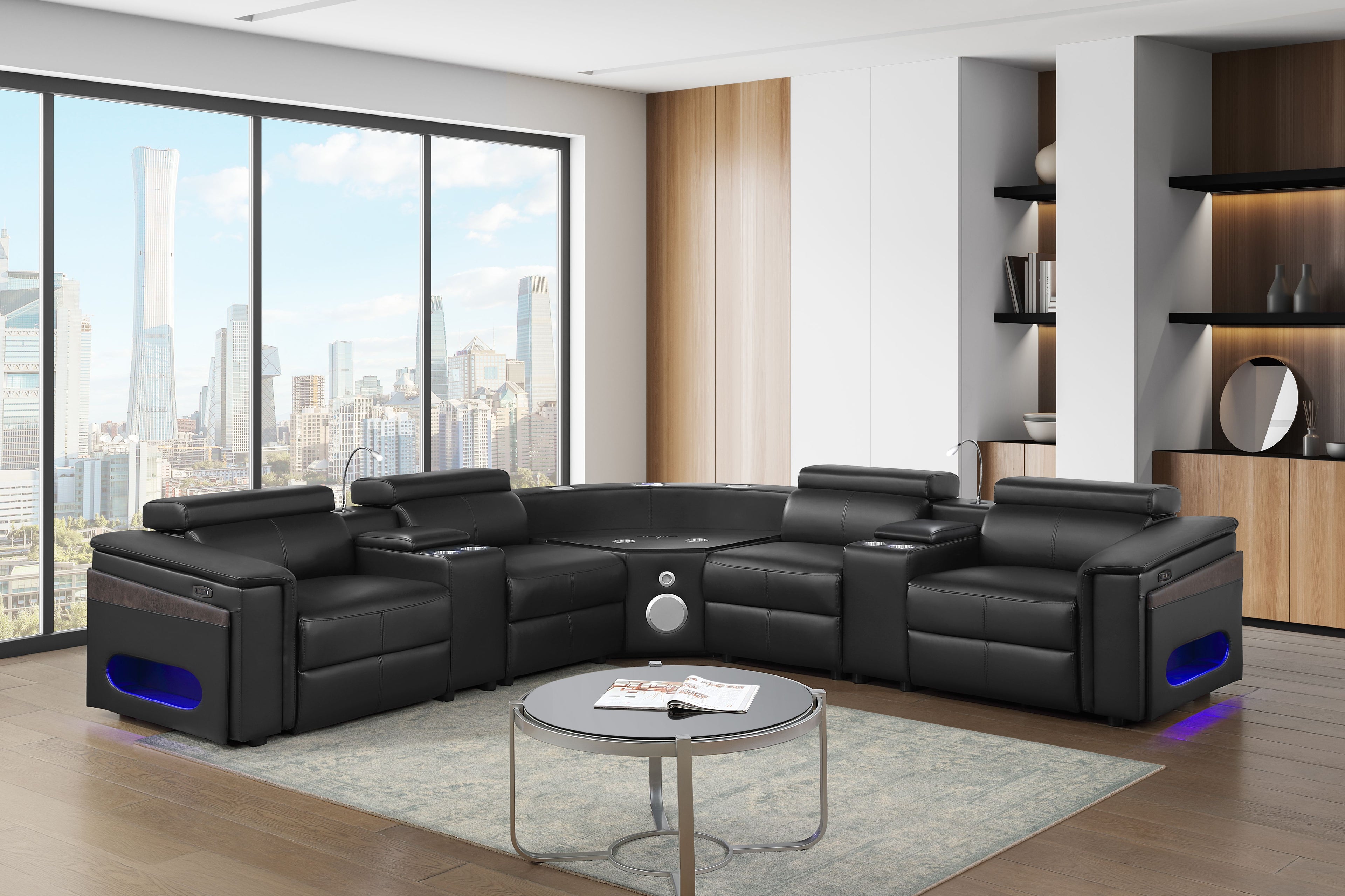 Nova Black Faux Leather 7-Piece Power Motion Sectional Sofa with Pop-Up Bar, Refrigerator, Bluetooth & LED – Matrix