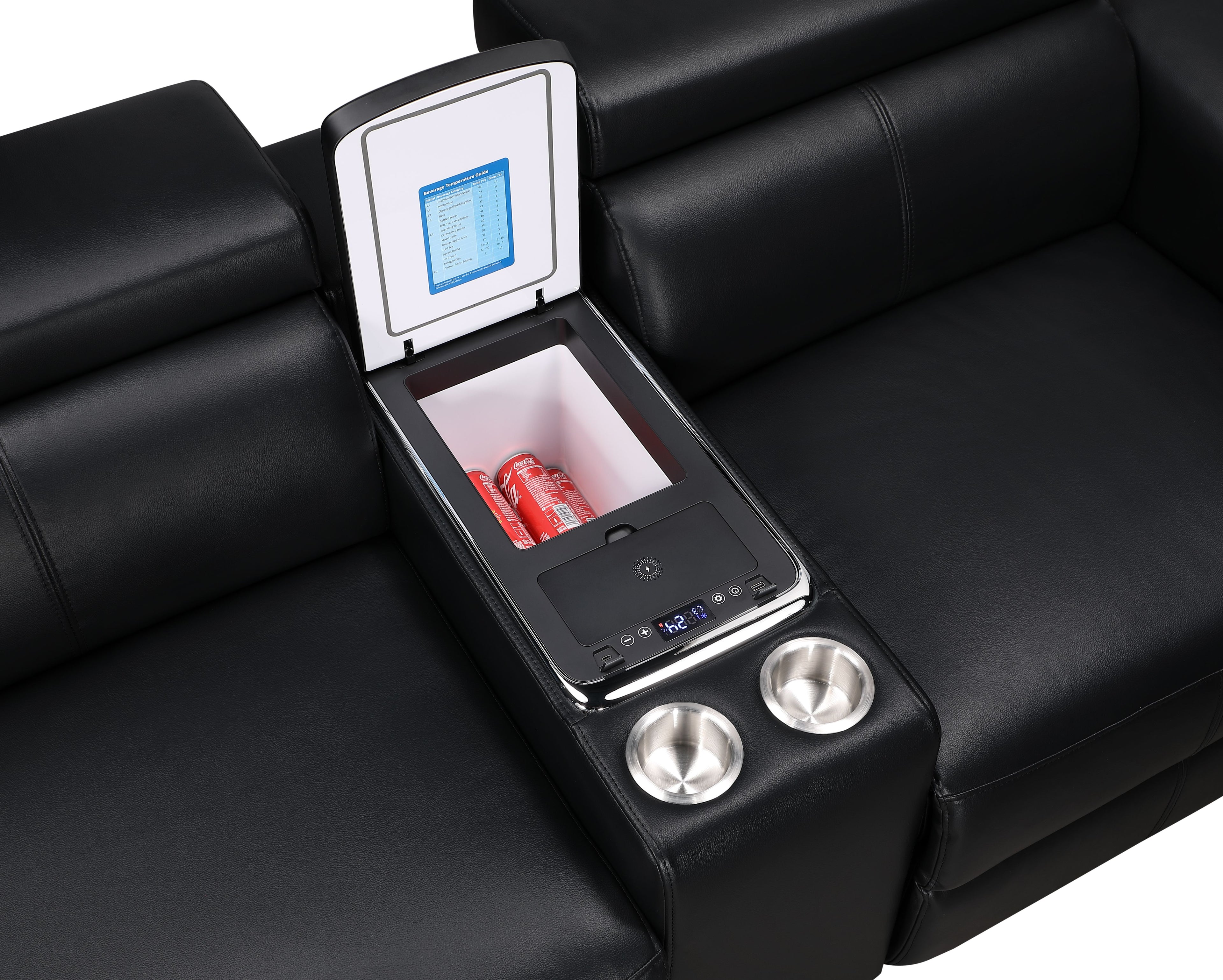 7 pc Nova black faux leather power motion sectional sofa with pop up bar refrigerator bluetooth and LED