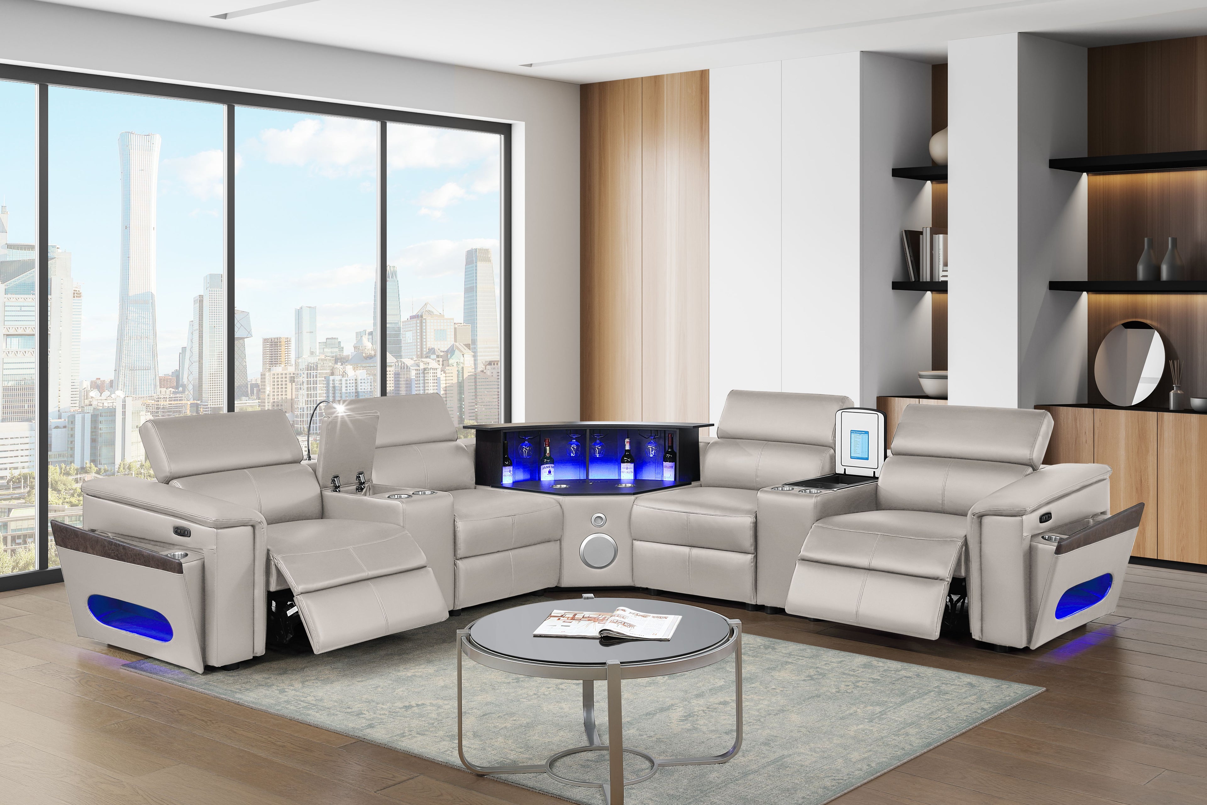 Nova Grey Faux Leather 7-Piece Power Motion Sectional Sofa with Pop-Up Bar, Refrigerator, Bluetooth & LED – Matrix