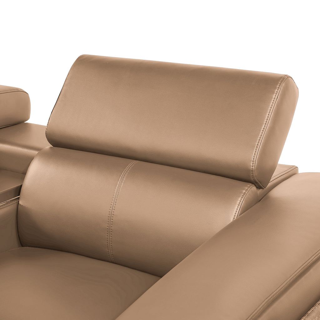 7 pc Nova caramel faux leather power motion sectional sofa with pop up bar refrigerator bluetooth and LED