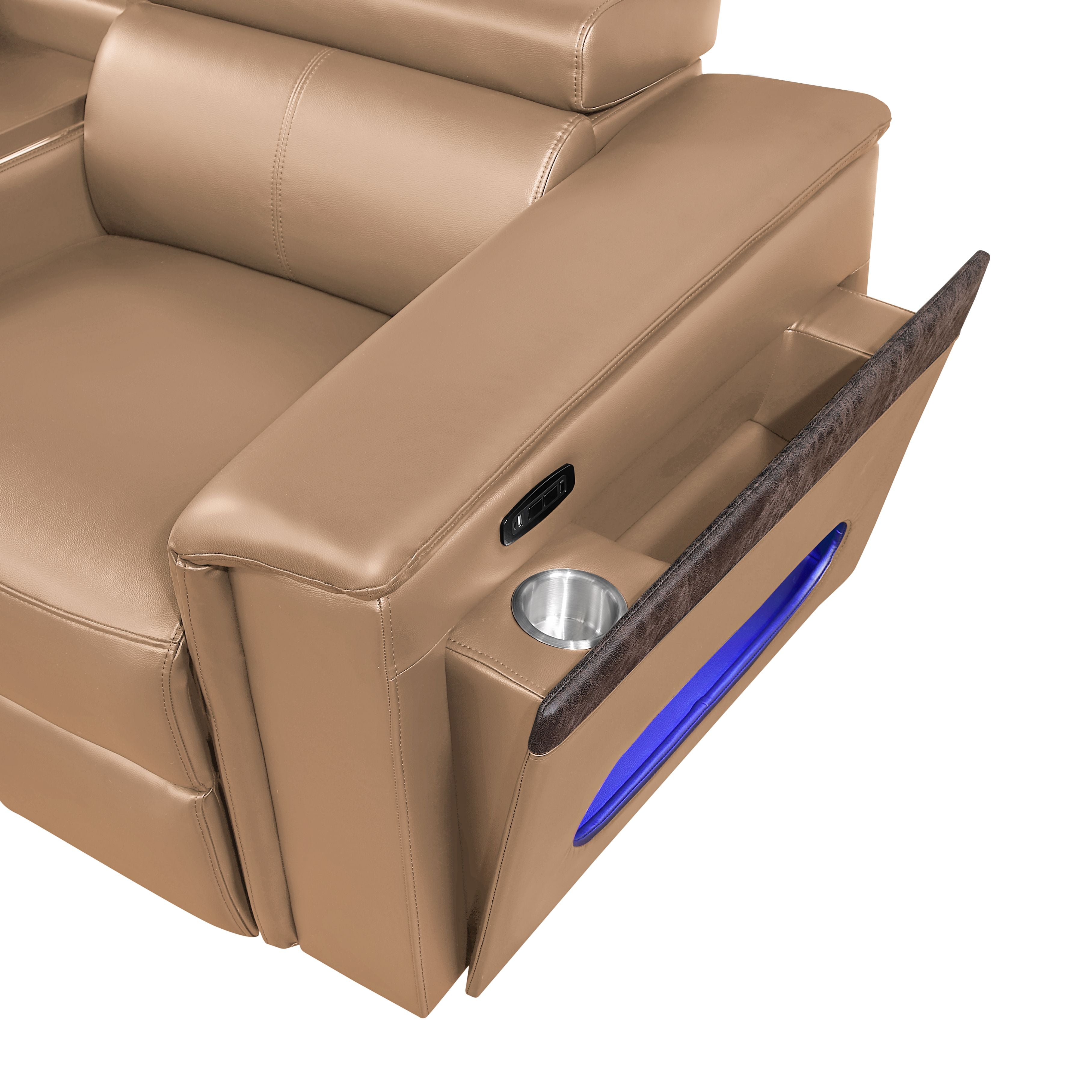 Nova Caramel Faux Leather 7-Piece Power Motion Sectional Sofa with Pop-Up Bar, Refrigerator, Bluetooth & LED – Matrix