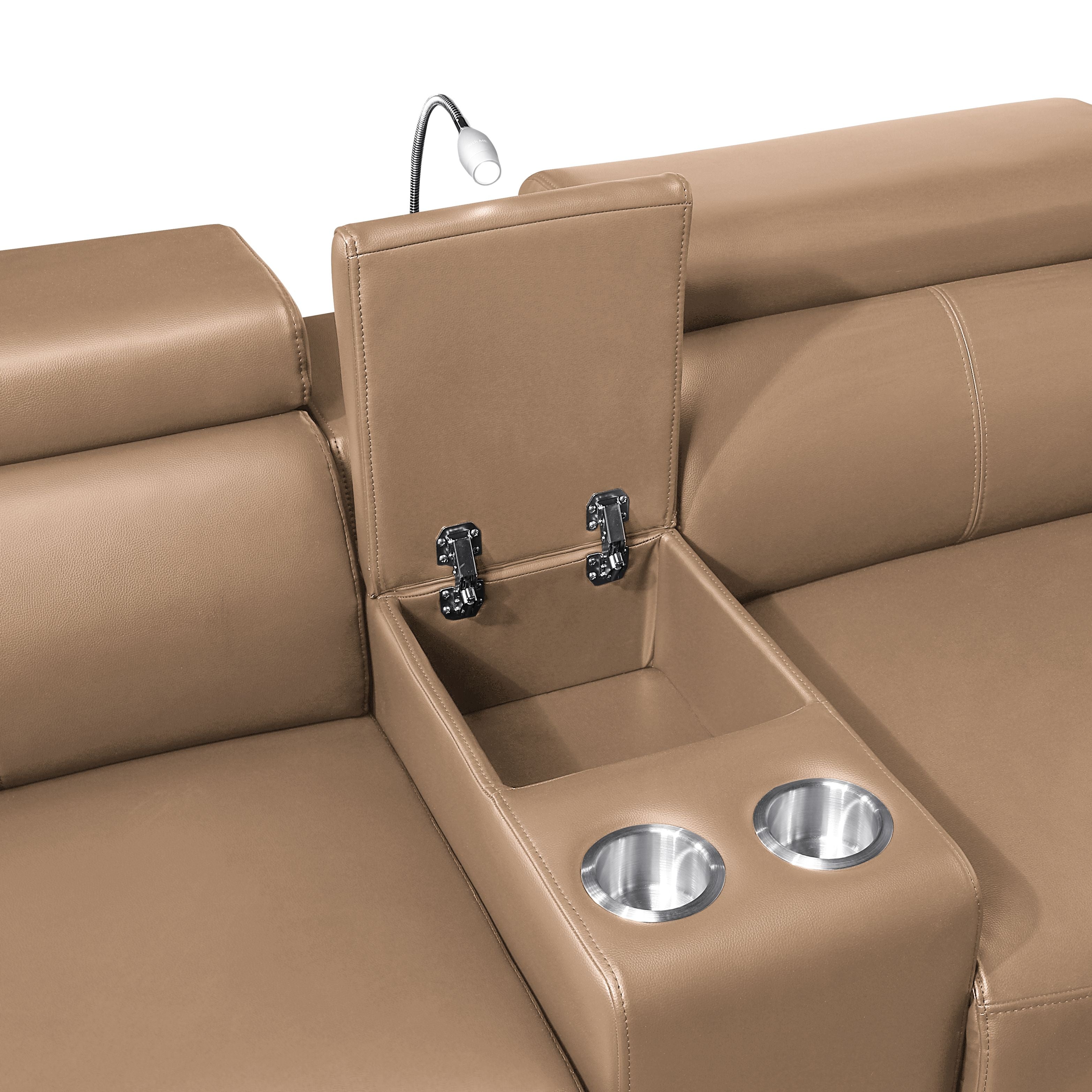 Nova Caramel Faux Leather 7-Piece Power Motion Sectional Sofa with Pop-Up Bar, Refrigerator, Bluetooth & LED – Matrix