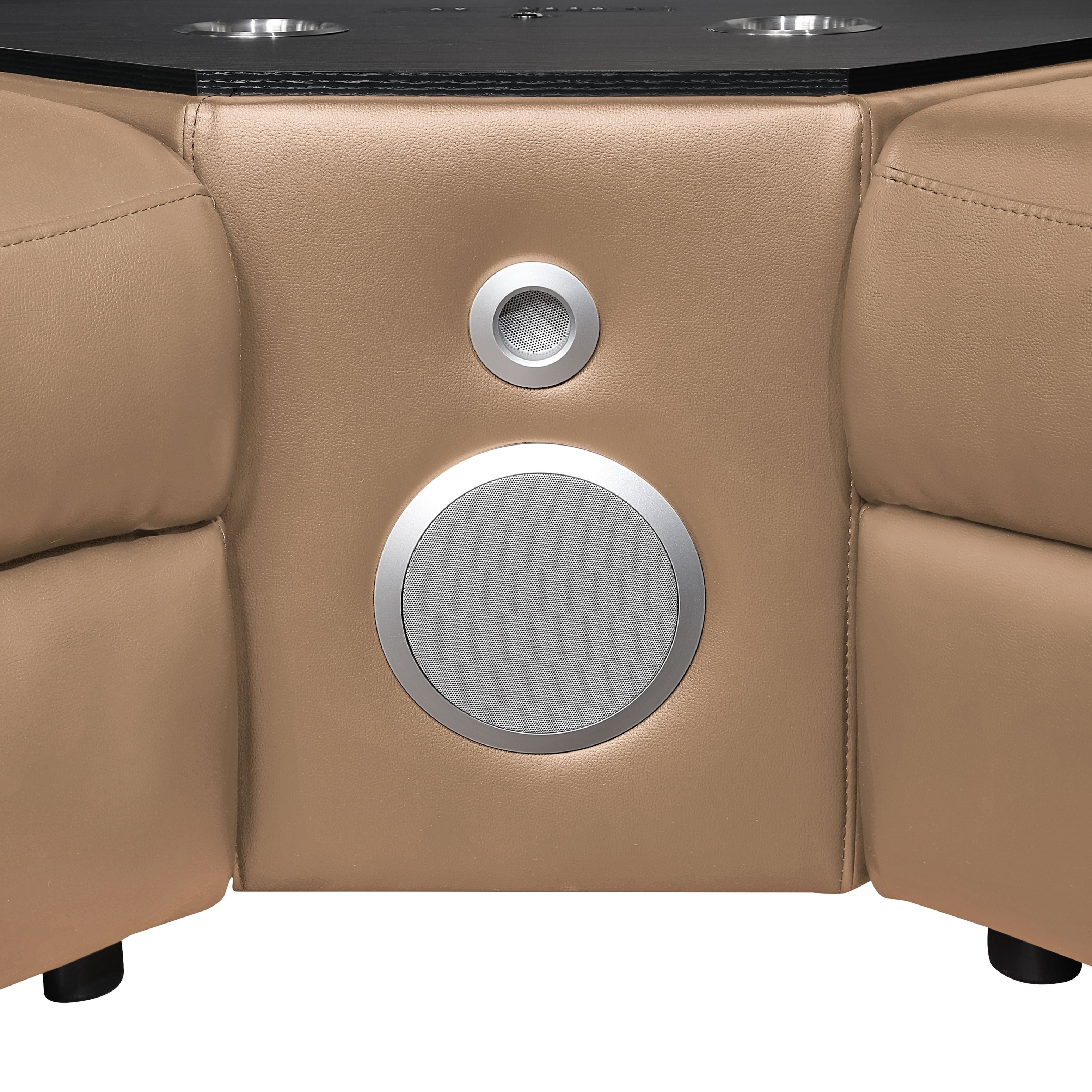 Nova Caramel Faux Leather 7-Piece Power Motion Sectional Sofa with Pop-Up Bar, Refrigerator, Bluetooth & LED – Nova-Caramel-SECT