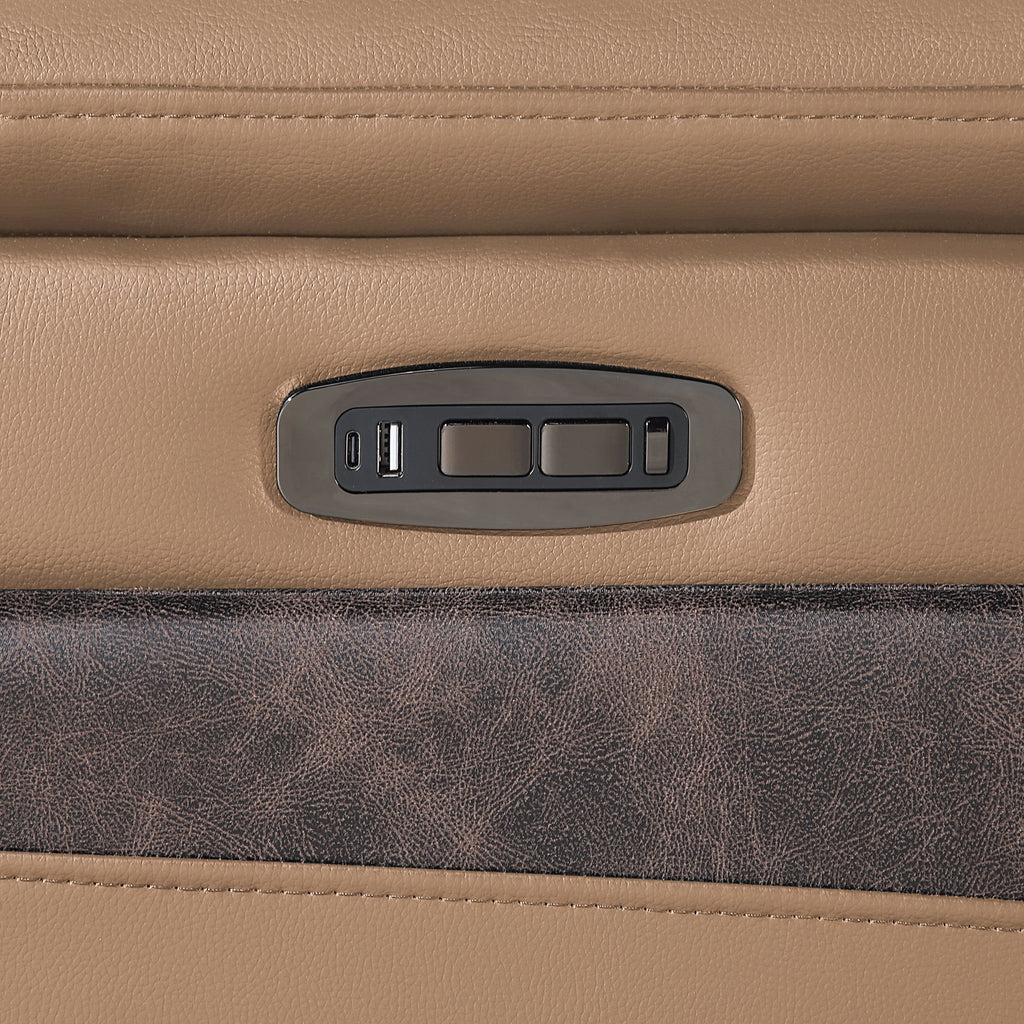 7 pc Nova caramel faux leather power motion sectional sofa with pop up bar refrigerator bluetooth and LED