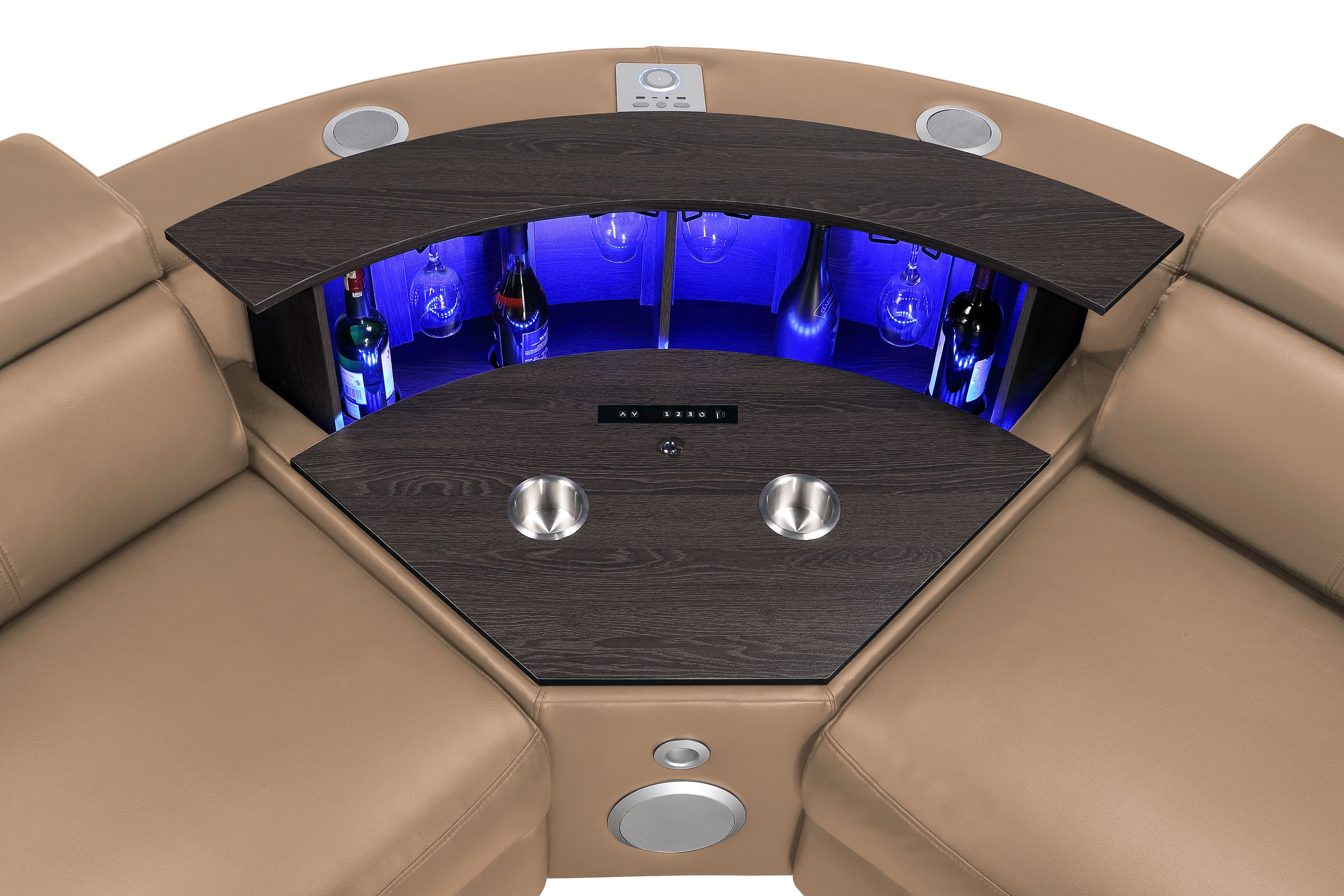 7 pc Nova caramel faux leather power motion sectional sofa with pop up bar refrigerator bluetooth and LED