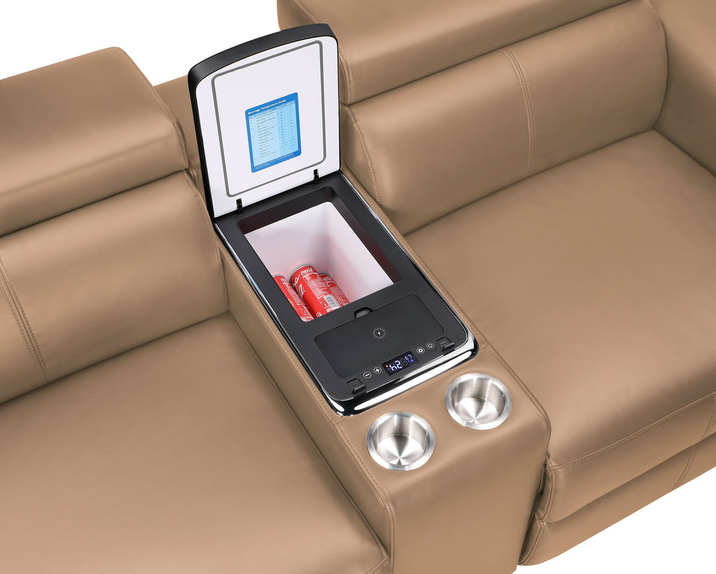 7 pc Nova caramel faux leather power motion sectional sofa with pop up bar refrigerator bluetooth and LED