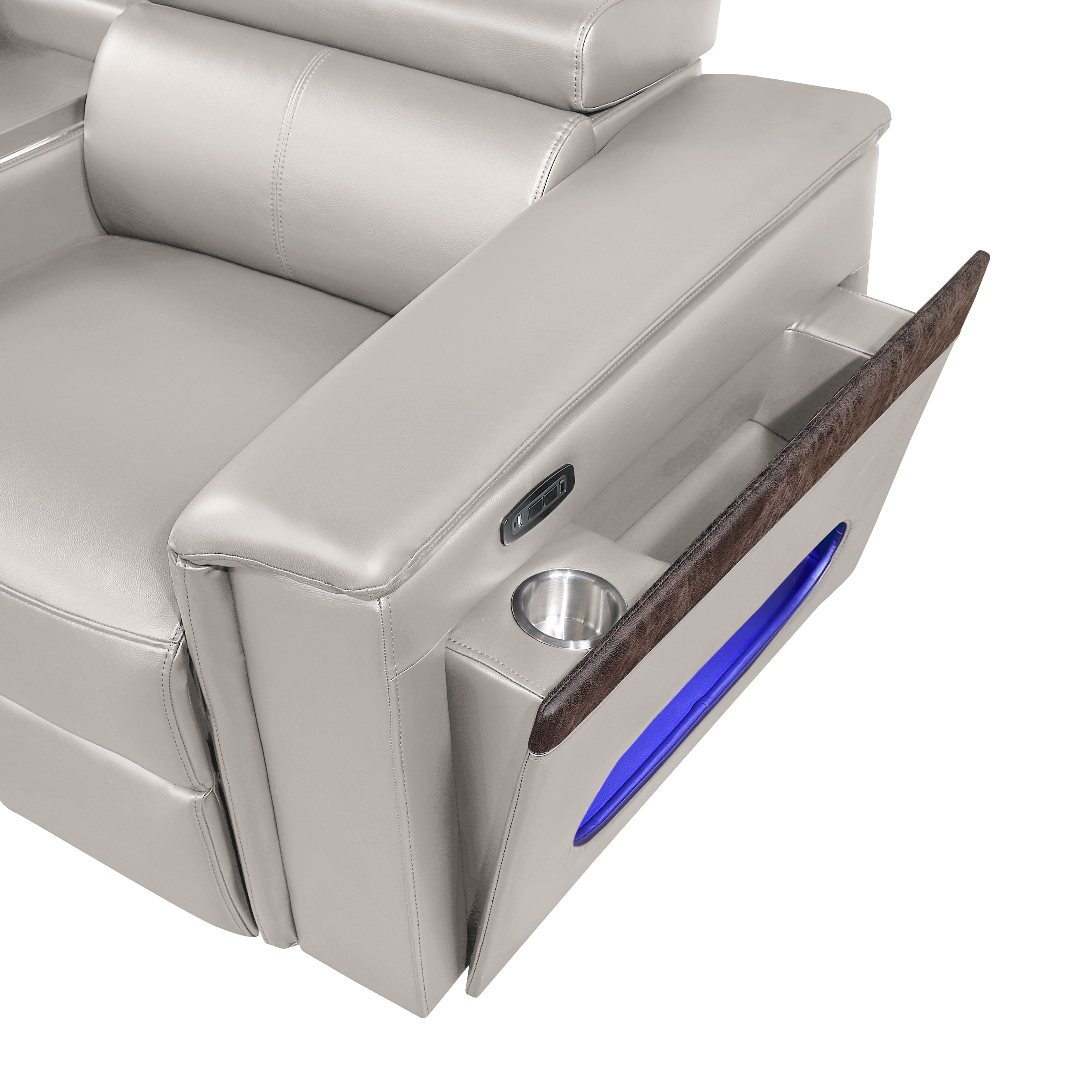 7 pc Nova grey faux leather power motion sectional sofa with pop up bar refrigerator bluetooth and LED