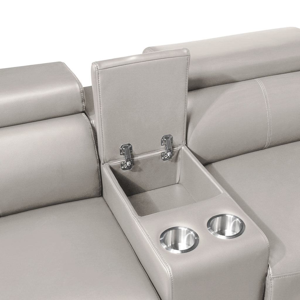 7 pc Nova grey faux leather power motion sectional sofa with pop up bar refrigerator bluetooth and LED