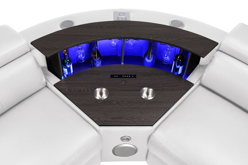 7 pc Nova ice faux leather power motion sectional sofa with pop up bar refrigerator bluetooth and LED