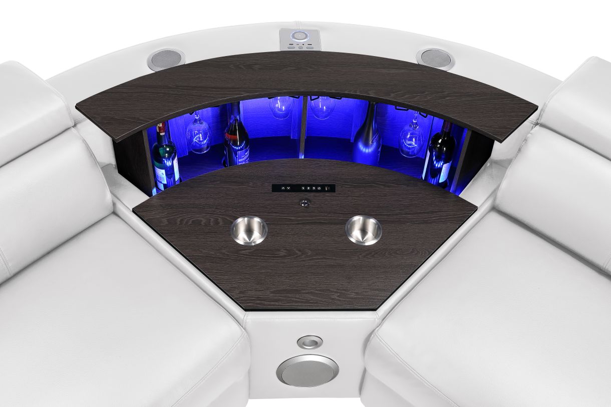 7 pc Nova ice faux leather power motion sectional sofa with pop up bar refrigerator bluetooth and LED