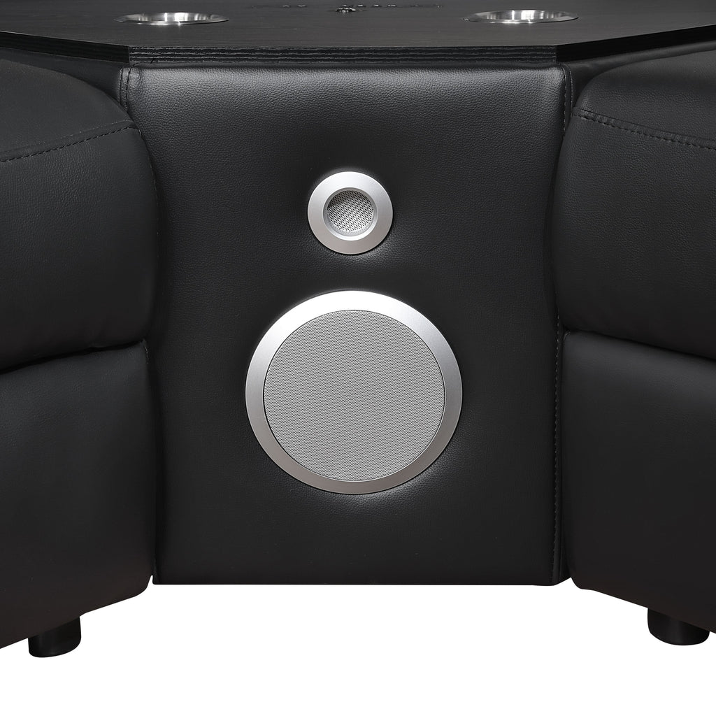 7 pc Nova black faux leather power motion sectional sofa with pop up bar refrigerator bluetooth and LED