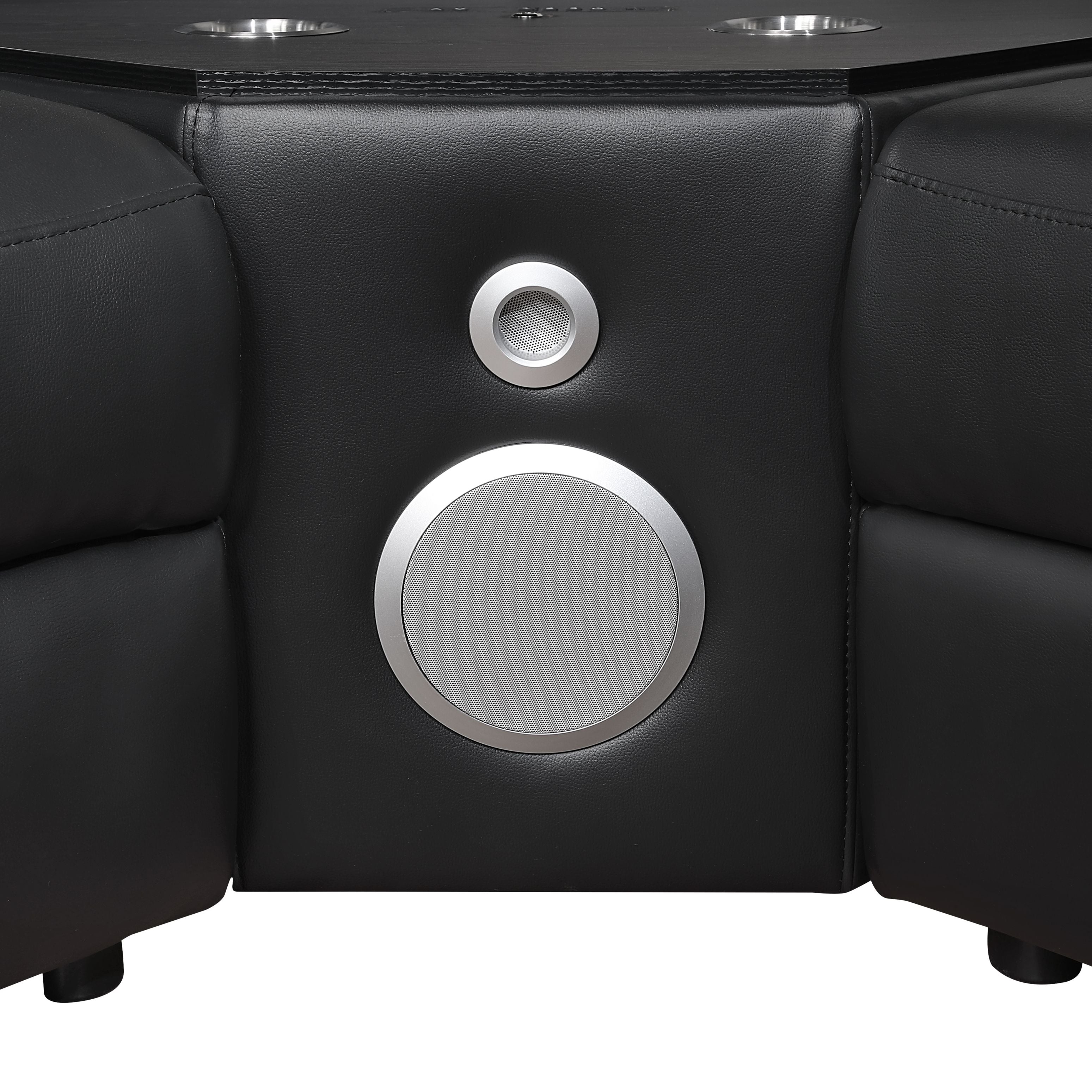 7 pc Nova black faux leather power motion sectional sofa with pop up bar refrigerator bluetooth and LED