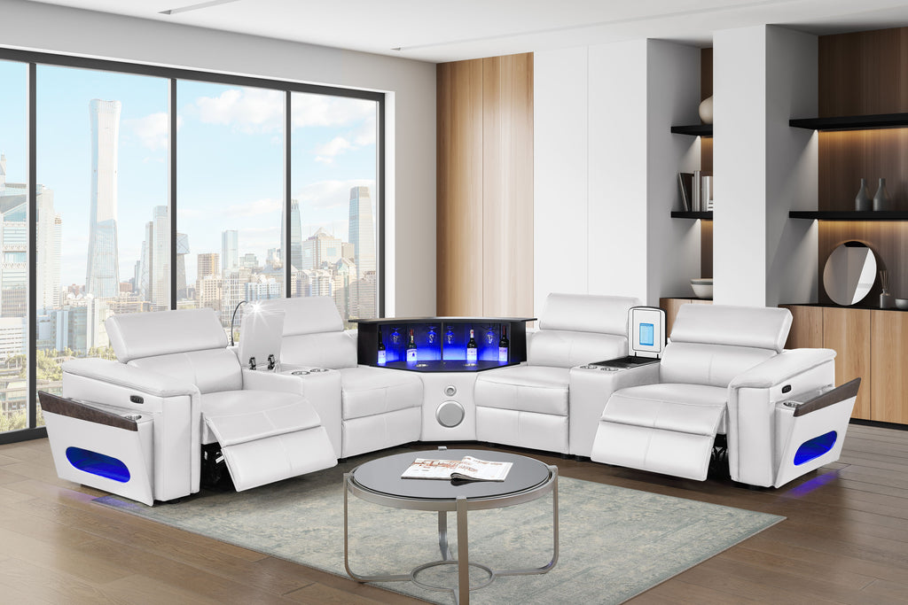 Nova Ice Faux Leather Power Motion Sectional Sofa with Pop-Up Bar, Refrigerator, Bluetooth & LED – Nova-ice-SECT