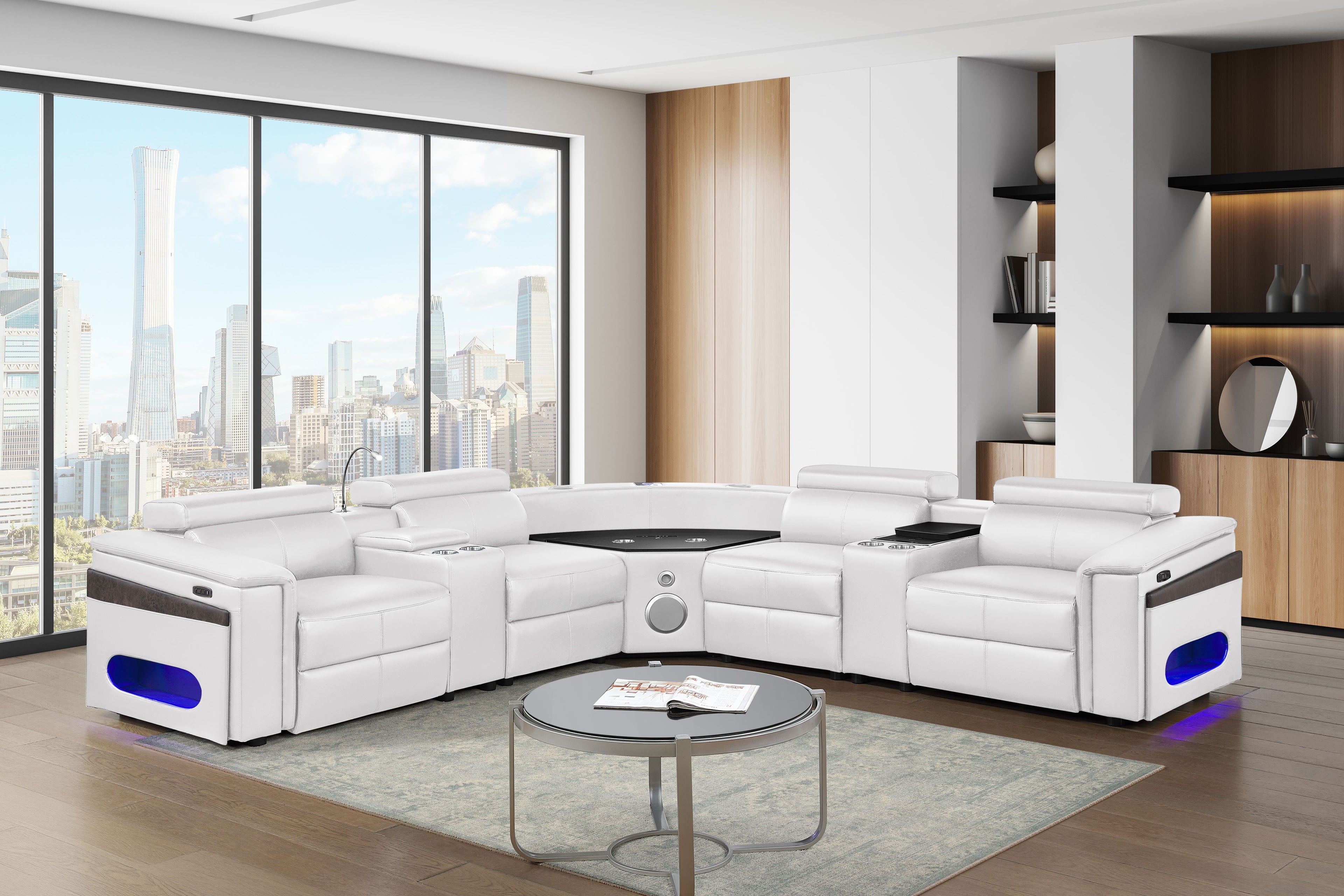 Nova Ice Faux Leather Power Motion Sectional Sofa with Pop-Up Bar, Refrigerator, Bluetooth & LED – Nova-ice-SECT
