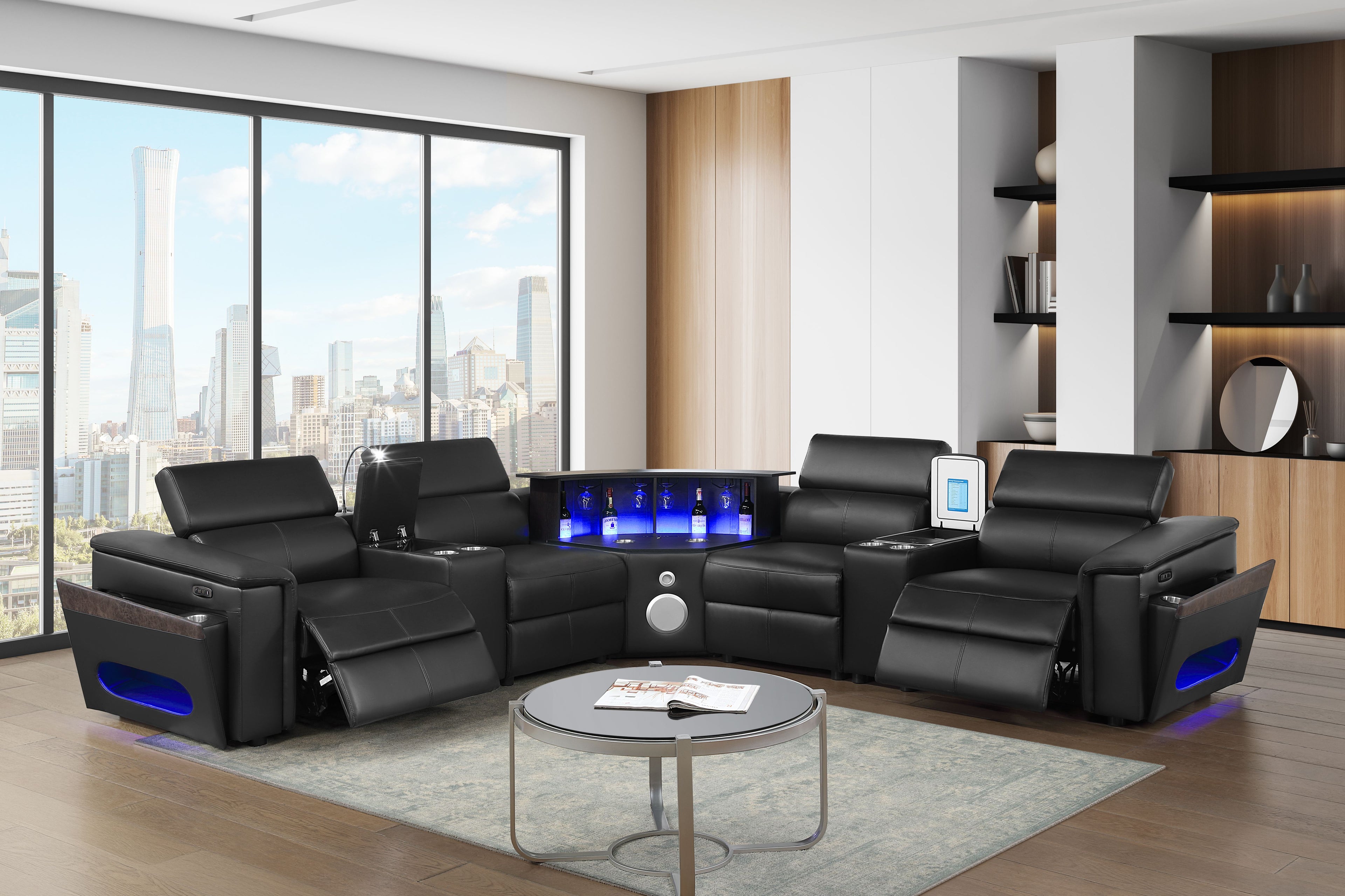 Nova Black Faux Leather 7-Piece Power Motion Sectional Sofa with Pop-Up Bar, Refrigerator, Bluetooth & LED – Nova-Black-SECT