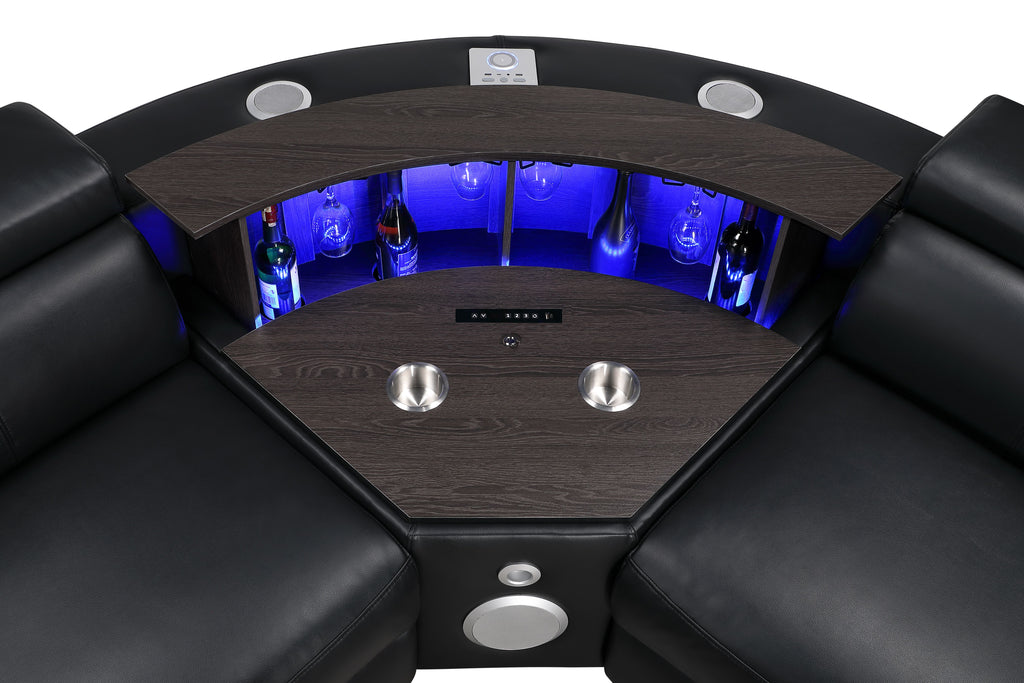 7 pc Nova black faux leather power motion sectional sofa with pop up bar refrigerator bluetooth and LED