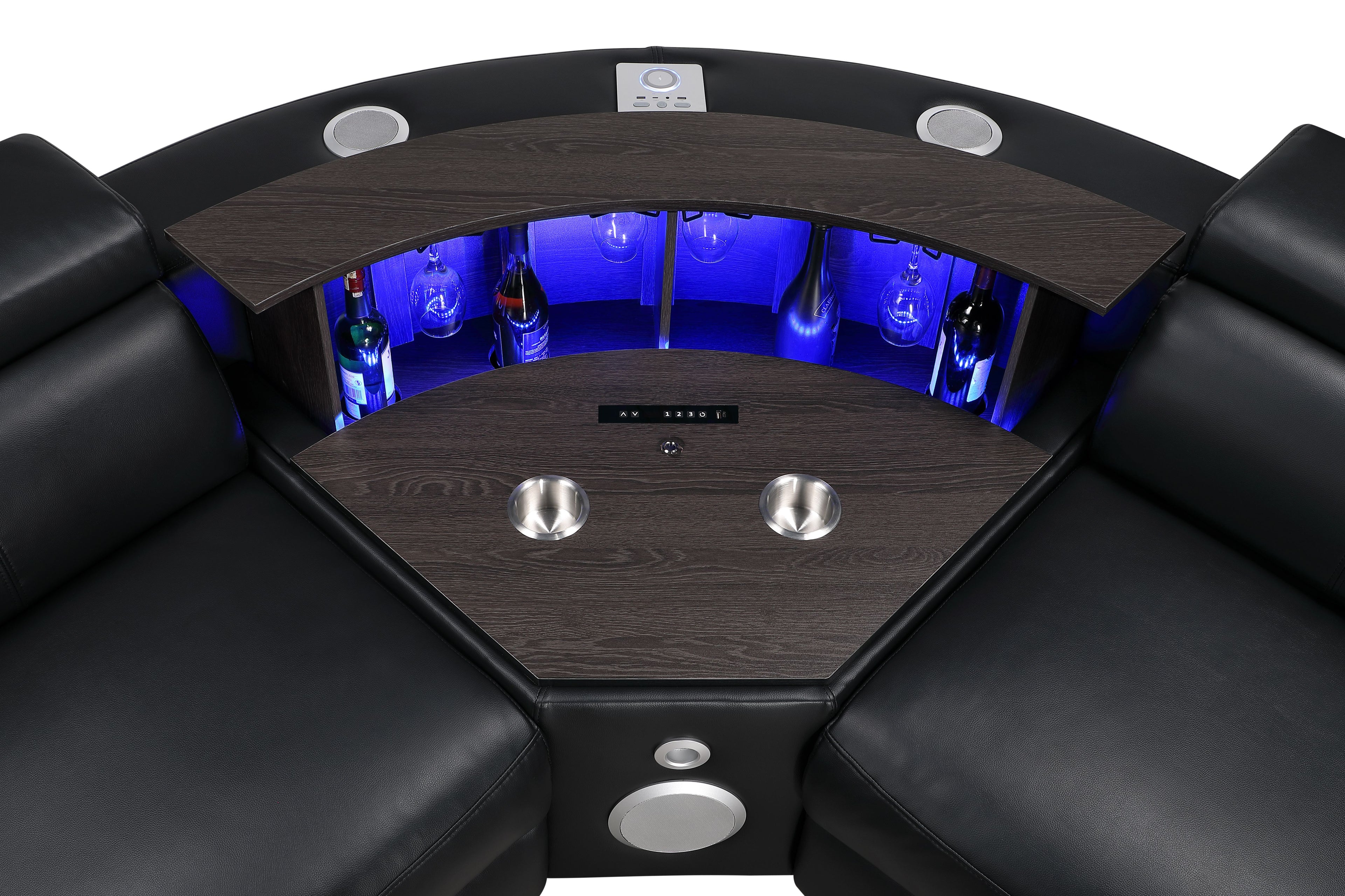 7 pc Nova black faux leather power motion sectional sofa with pop up bar refrigerator bluetooth and LED