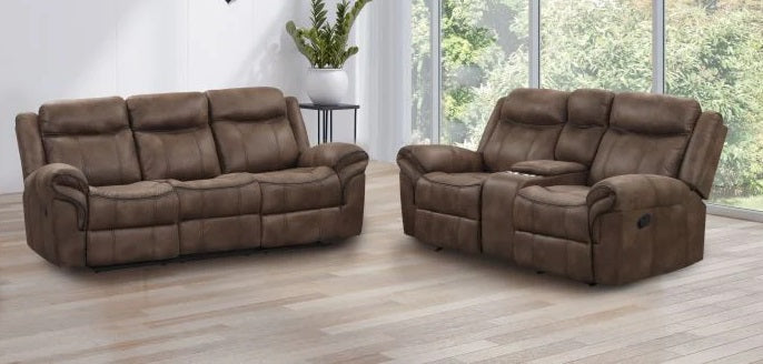 NX6001BR-2PC 2 pc Agata brown leather like fabric sofa and love seat recliner ends with cup console