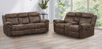 NX6001BR-2PC 2 pc Agata brown leather like fabric sofa and love seat recliner ends with cup console