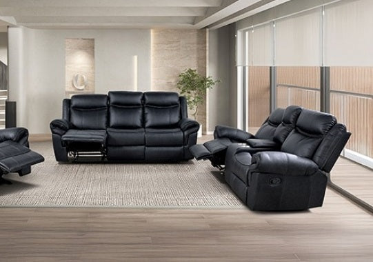 NX6001BK-2PC 2 pc Agata black leather like fabric sofa and love seat recliner ends with cup console