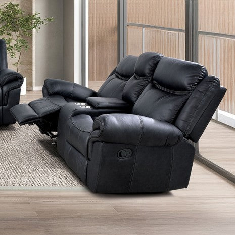 NX6001BK-2PC 2 pc Agata black leather like fabric sofa and love seat recliner ends with cup console