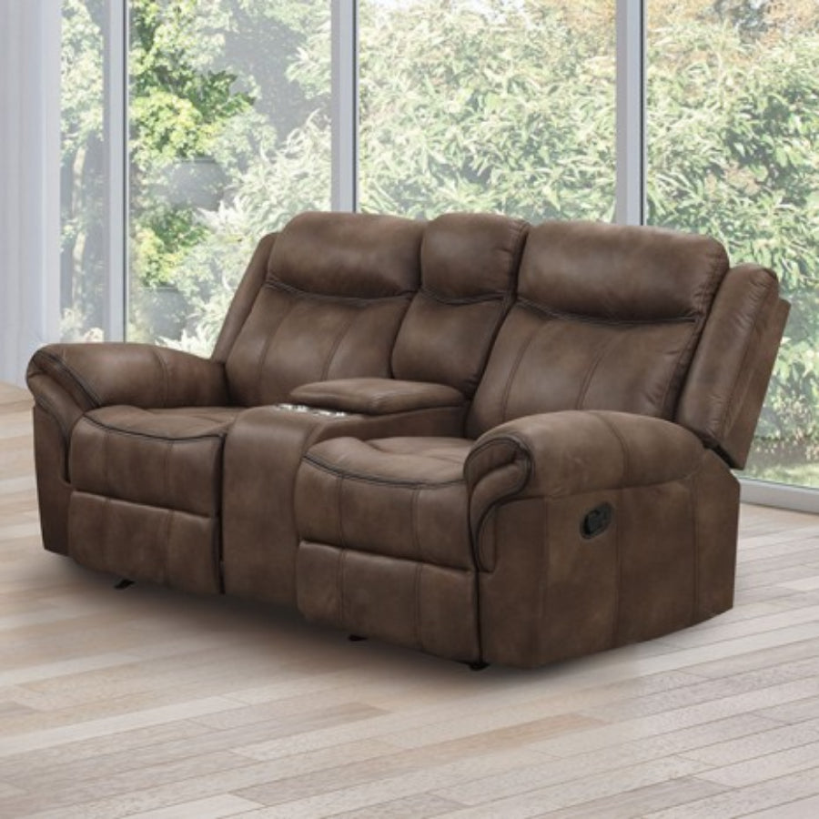 NX6001BR-2PC 2 pc Agata brown leather like fabric sofa and love seat recliner ends with cup console