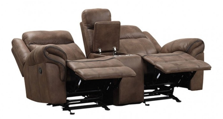 NX6001BR-2PC 2 pc Agata brown leather like fabric sofa and love seat recliner ends with cup console