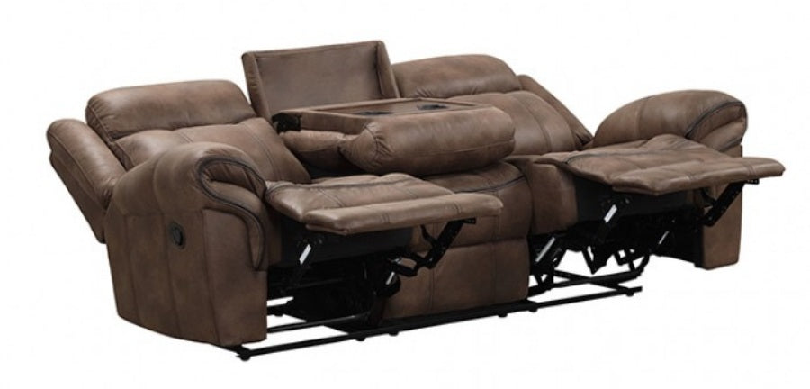 NX6001BR-2PC 2 pc Agata brown leather like fabric sofa and love seat recliner ends with cup console
