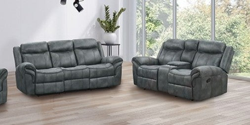 NX6001DG-2PC 2 pc Agata dark grey leather like fabric sofa and love seat recliner ends with cup console