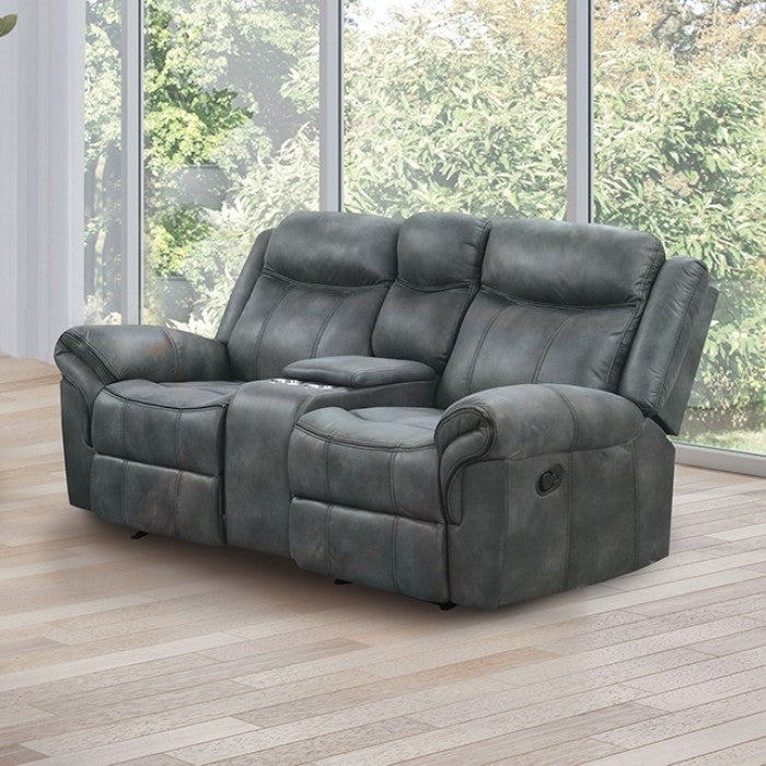 NX6001DG-2PC 2 pc Agata dark grey leather like fabric sofa and love seat recliner ends with cup console