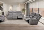 NX6001WG-2PC 2 pc Agata warm grey leather like fabric sofa and love seat recliner ends with cup console