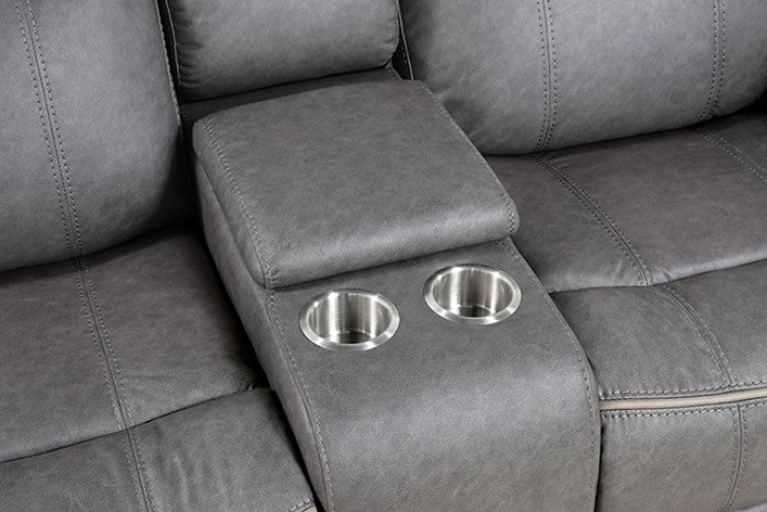 NX6001WG-2PC 2 pc Agata warm grey leather like fabric sofa and love seat recliner ends with cup console