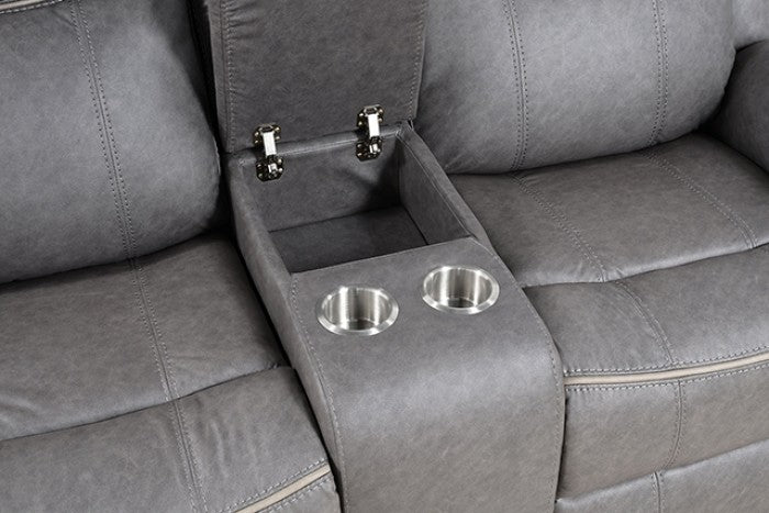 NX6001WG-2PC 2 pc Agata warm grey leather like fabric sofa and love seat recliner ends with cup console