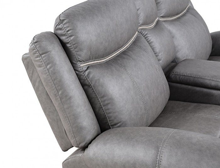 NX6001WG-2PC 2 pc Agata warm grey leather like fabric sofa and love seat recliner ends with cup console