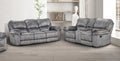 NX6002GY-2PC 2 pc Themis grey leather like fabric sofa USB and love seat recliner ends with cup console