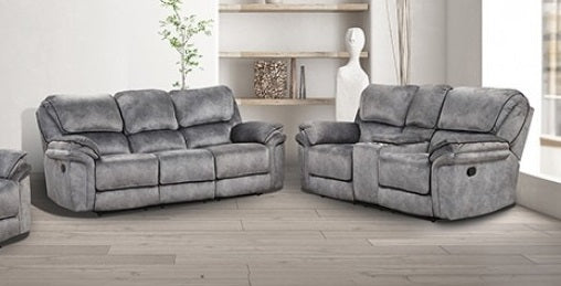 NX6002GY-2PC 2 pc Themis grey leather like fabric sofa USB and love seat recliner ends with cup console