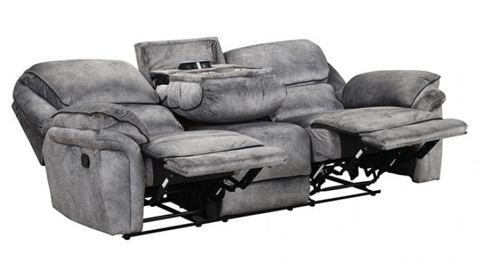 NX6002GY-2PC 2 pc Themis grey leather like fabric sofa USB and love seat recliner ends with cup console